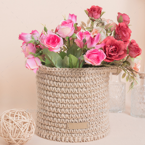 Basket Organizer Interior Knitted from Jute for Organizing Home Space